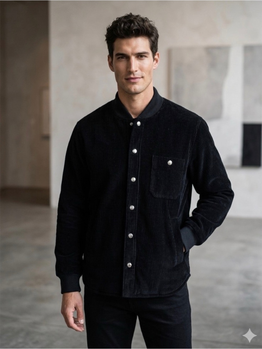 Maison Kitsune Designer Wool Blend Padded Black Corduroy Button-Up Jacket XS